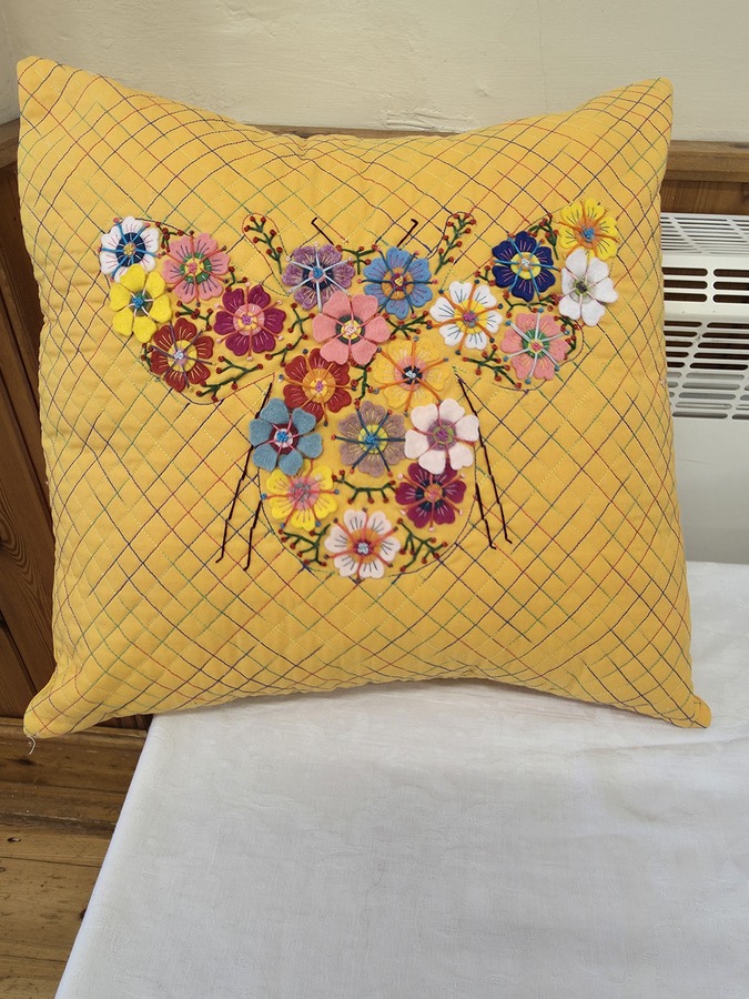 Julie - machine quilted cushion with felted flowers